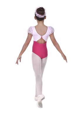 Girls bicoloured puff sleeved leotard pinched key hole